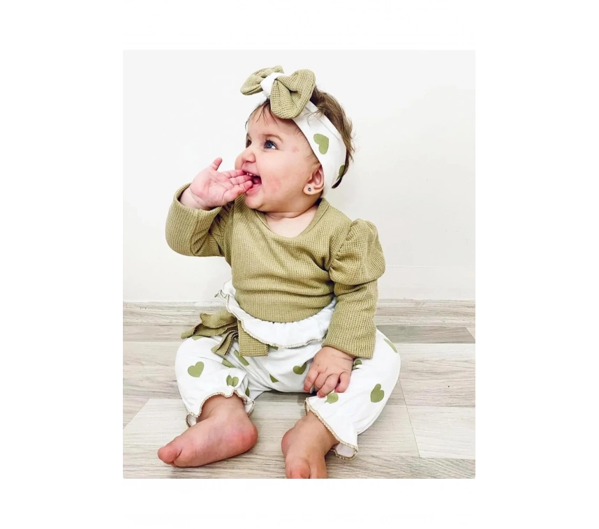 Kalp Baskılı Bandanalı 3lü Lüx Waffle Kız Bebek Takım