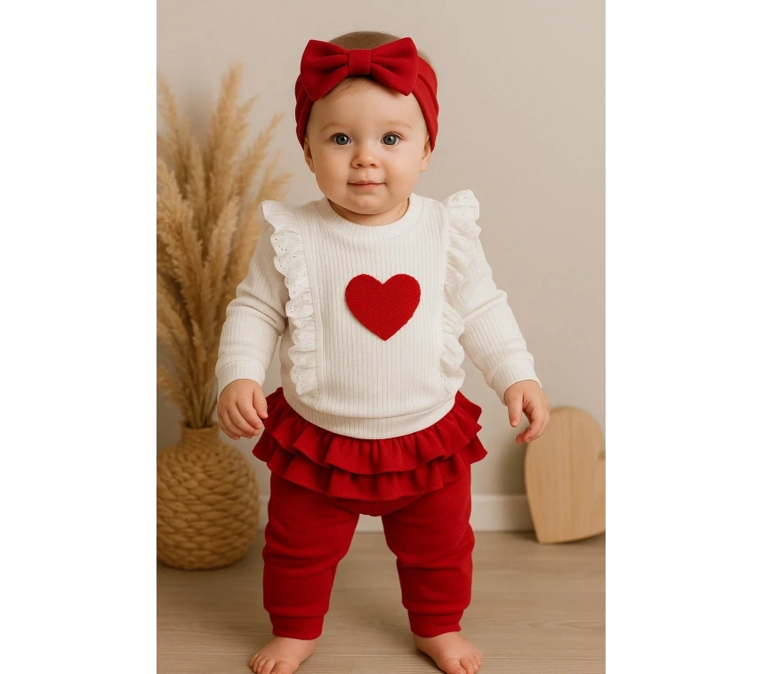 Kalp Baskılı Fırfır Detaylı 3 Parça Kız Bebek Takımı %100 Pamuk