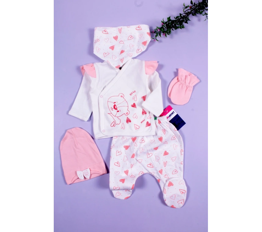 Kalp Desenli 5li Kız Bebek Hastane Çıkış Seti