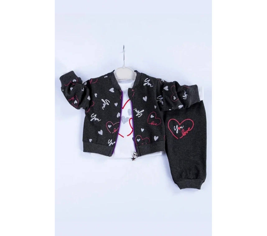 Kalp Desenli Hırkalı Pamuklu 3lü Kız Bebek Takımı