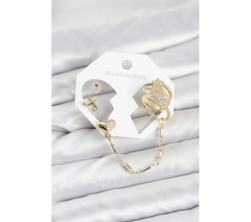 Kalp Yıldız Model Pirinç Gold Renk Zincir Bağlantılı Ear Cuff Küpe Seti