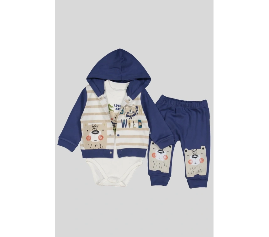 Kamp Desenli Kapüşonlu % 100 Pamuk Erkek Bebek Takımı