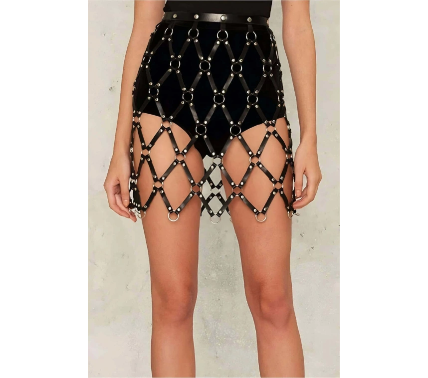 Kare Detaylı Şık Deri Harness Etek - Brf694_kopya(1)