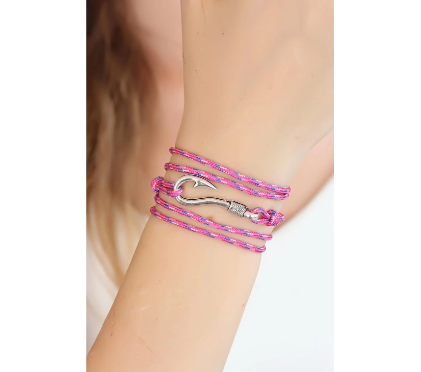 Karışık Desenli Pembe Renk Gümüş Metal Kancalı Bayan Çoklu Bileklik