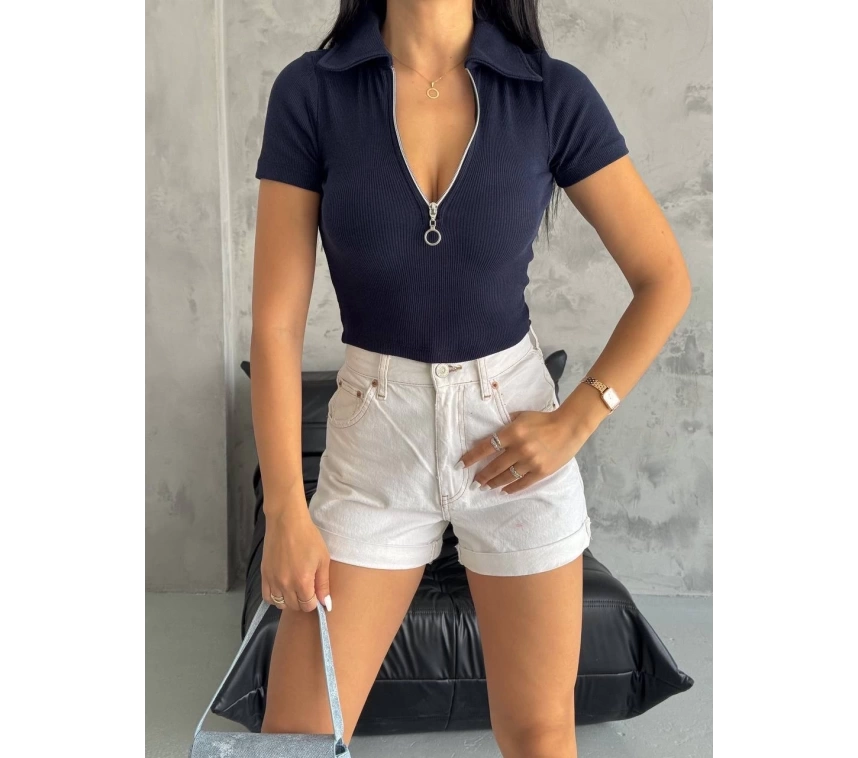 kaşkorse yaka fermuarlı bluz lacivert