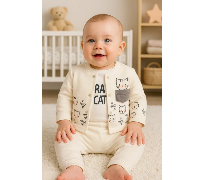 Kedi Desenli 3lü Hırkalı Kız Bebek Takım