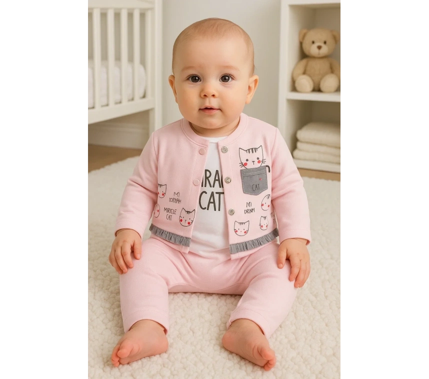 Kedi Desenli 3lü Hırkalı Kız Bebek Takım