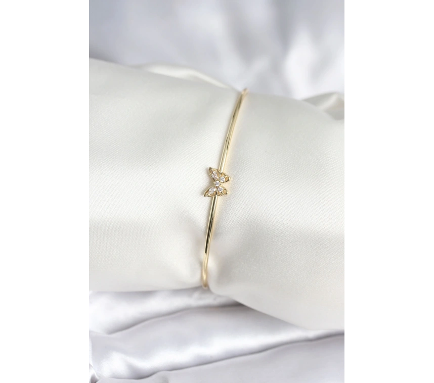 Kelebek Figürlü Zirkon Taşlı Gold Renk Pirinç Kadın Bileklik