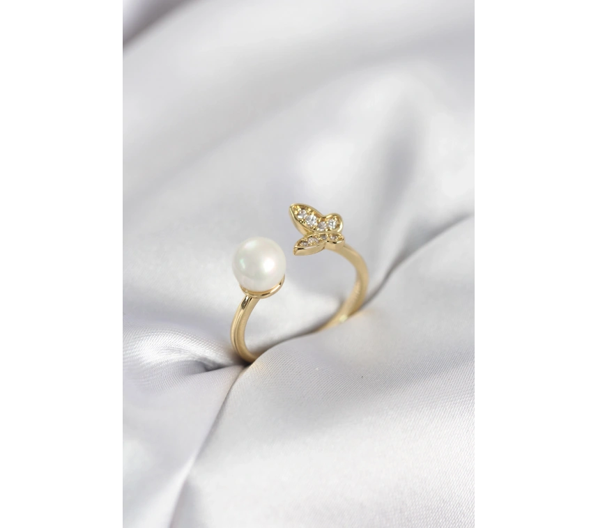 Kelebek İncili Model Gold Renk Zirkon Taşlı Kadın Yüzük
