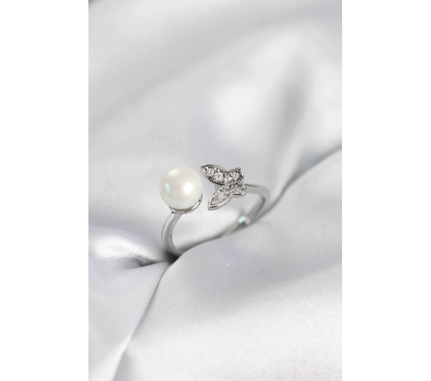 Kelebek İncili Model Gümüş Renk Zirkon Taşlı Kadın Yüzük