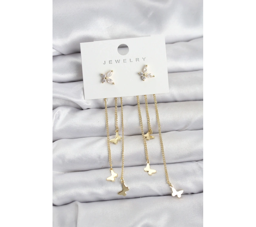 Kelebek Model Gold Renk Pirinç Sallantılı Kadın Küpe