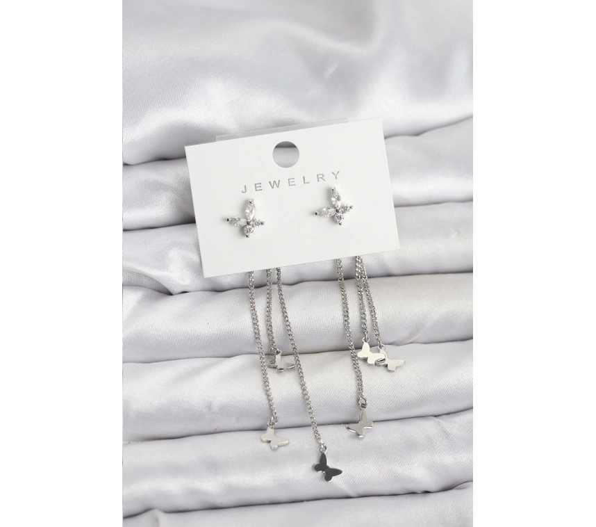 Kelebek Model Gümüş Renk Pirinç Sallantılı Kadın Küpe