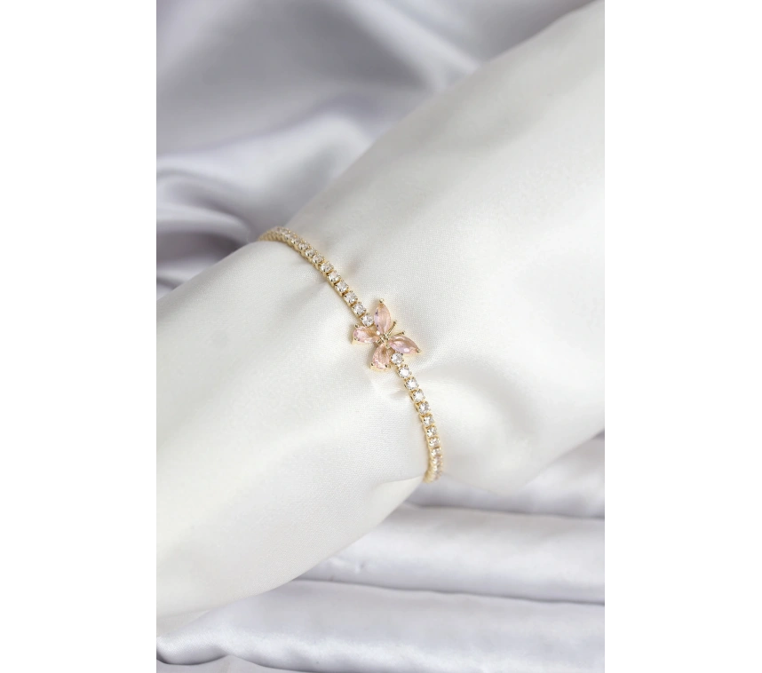 Kelebek Model Zirkon Taşlı Gold Renk Pirinç Su Yolu Kadın Bileklik