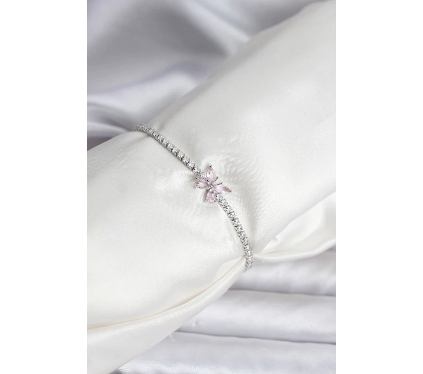 Kelebek Model Zirkon Taşlı Gümüş Renk Pirinç Su Yolu Kadın Bileklik