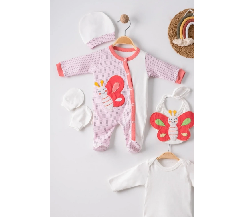 Kelebek Nakışlı Puanlı Tulumlu % 100 Pamuk Kız Bebek 5li Set