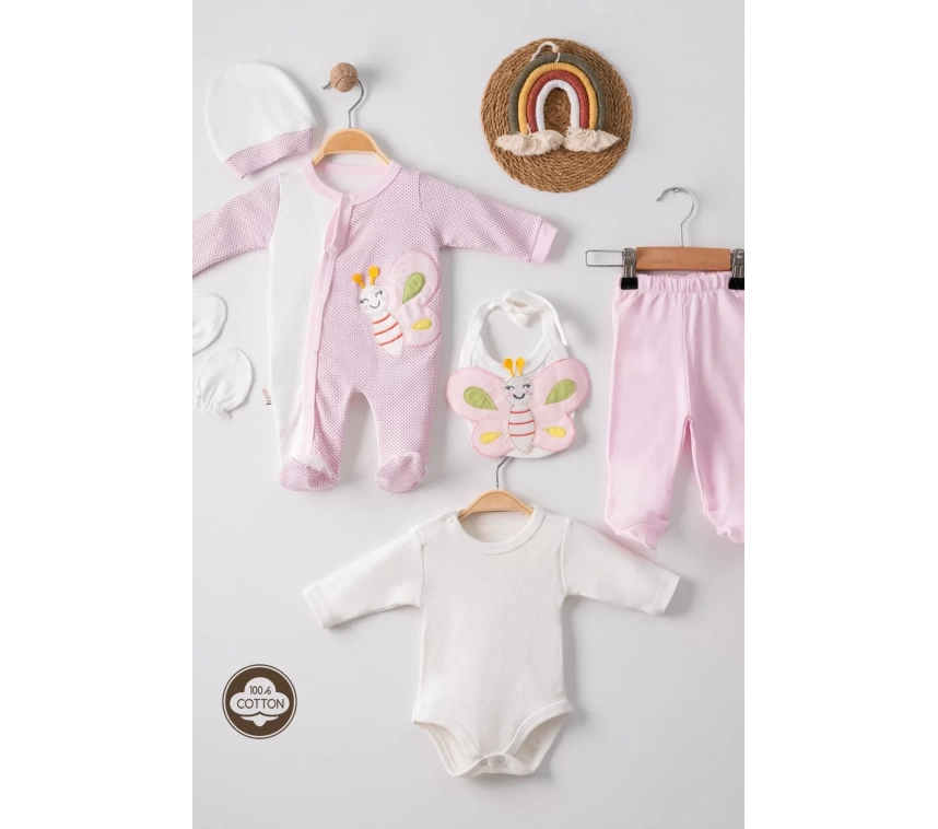 Kelebek Nakışlı Puanlı Tulumlu % 100 Pamuk Kız Bebek 5li Set