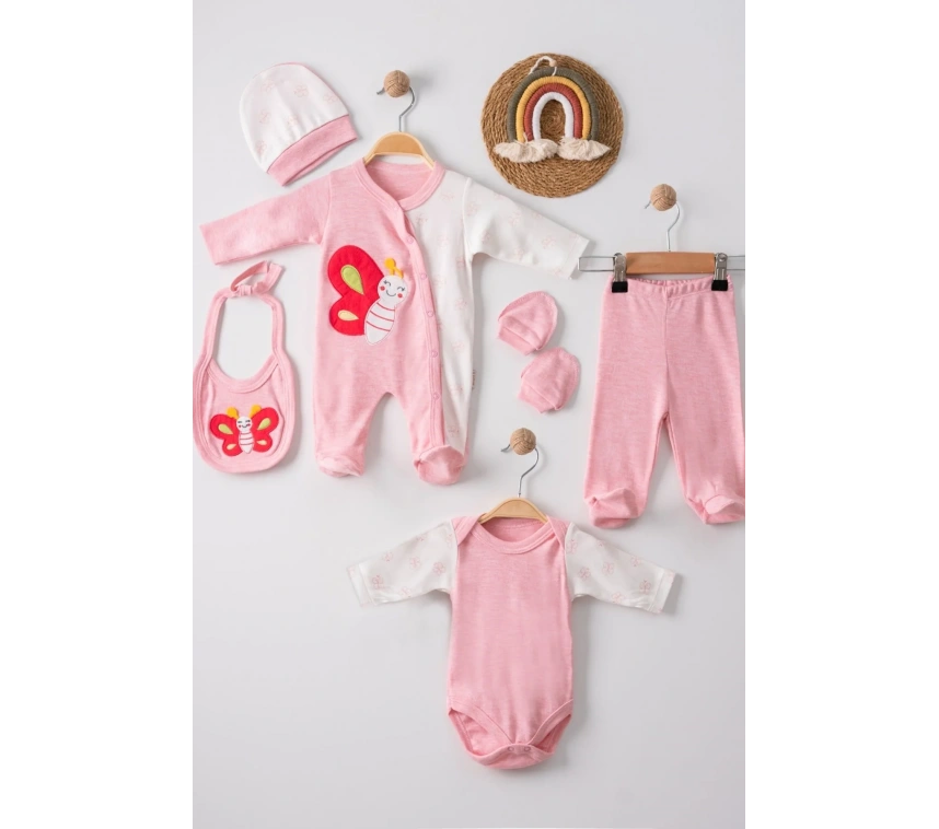 Kelebek Nakışlı Tulumlu % 100 Pamuk Kız Bebek 5li Set
