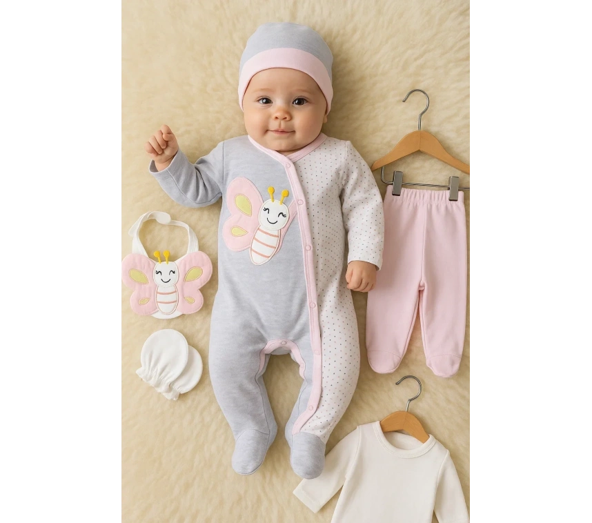 Kelebek Nakışlı Tulumlu % 100 Pamuk Kız Bebek 5li Set