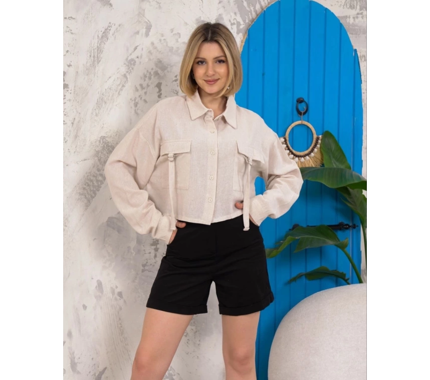 Kemer cepli keten crop gömlek krem s255350