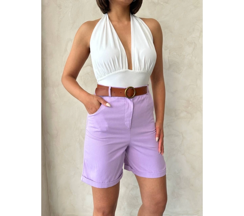 Kemerli gabardin şort lila s25735