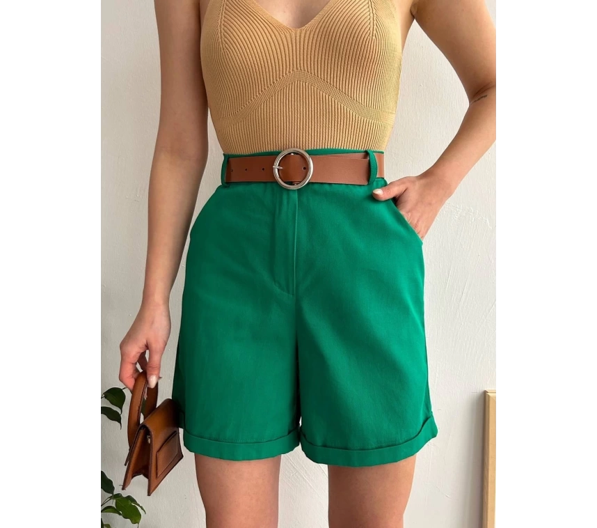 Kemerli gabardin şort yeşil s25735