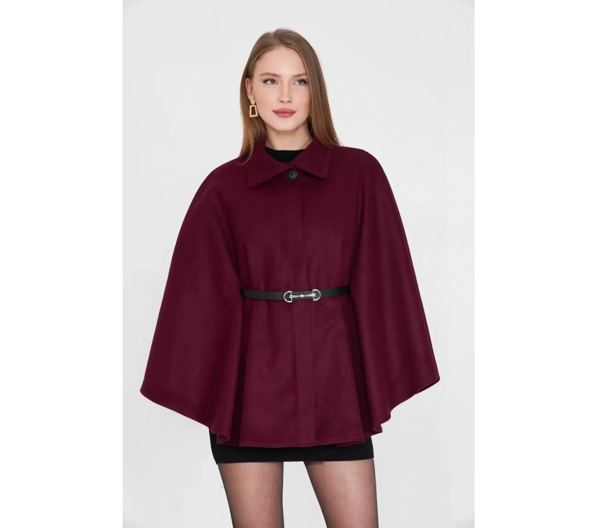 Kemerli kaşe panço bordo pt