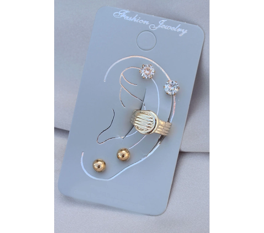 Kemerli Model Gold Metal Taşlı Kıkırdak Küpe Seti