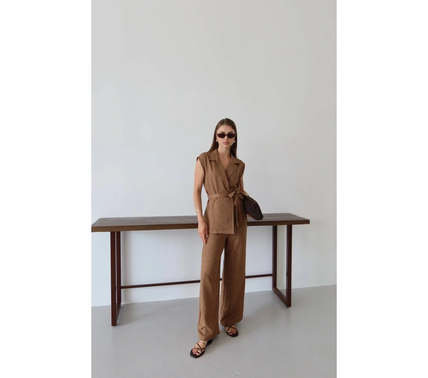 Keten yelek pantolon takım kahve pt