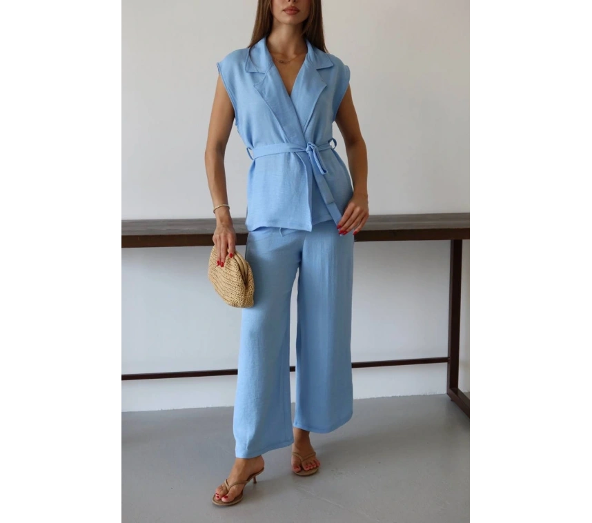 Keten yelek pantolon takım mavi pt