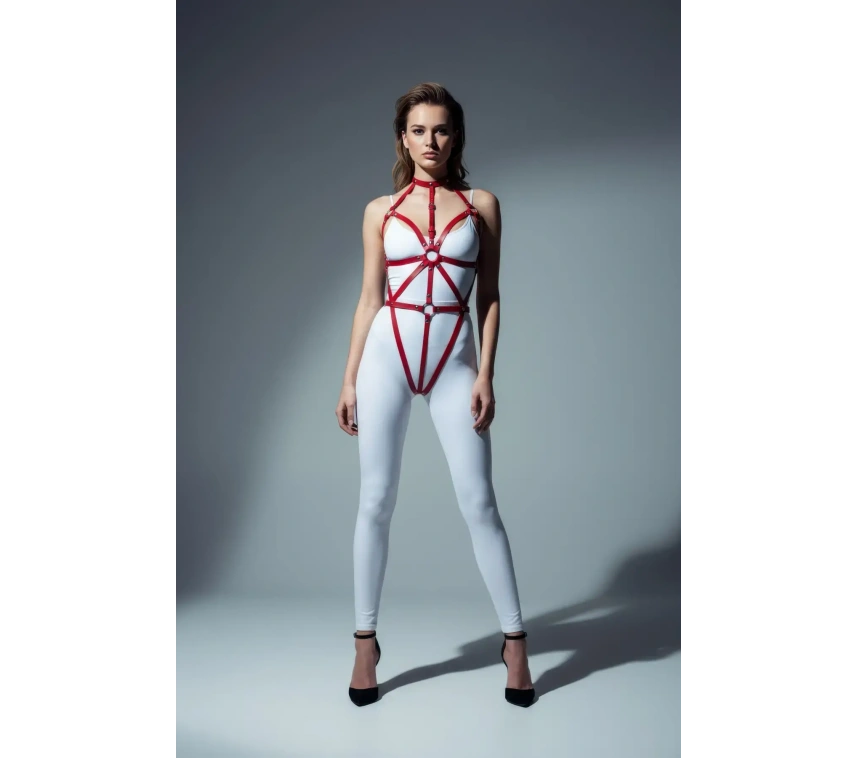 Kırmızı Body Harness Kadın Deri Metal Halka Detaylı - Brf243