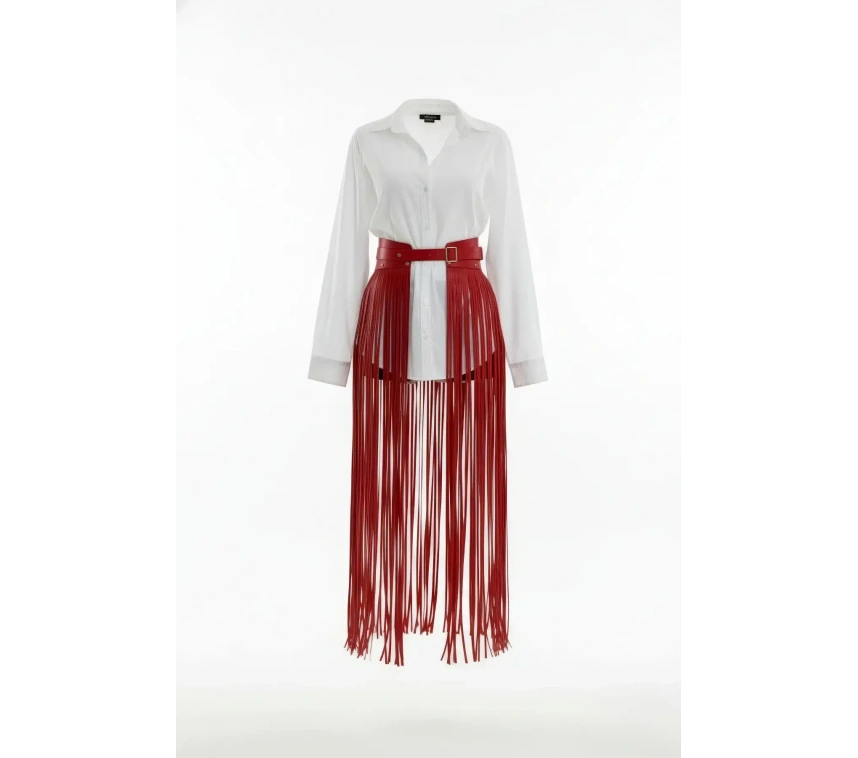 Kırmızı Etek Deri Püsküllü Uzun Maksi Kemerli - Brf1003