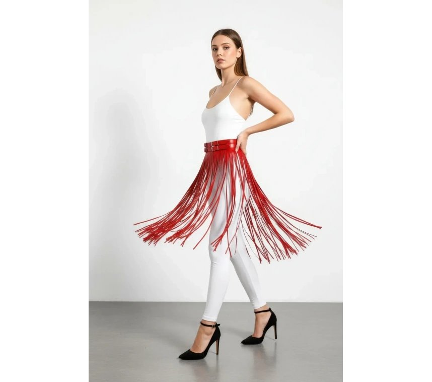 Kırmızı Etek Püsküllü Suni Deri Etek Yüksek Bel Etek - Brf1090