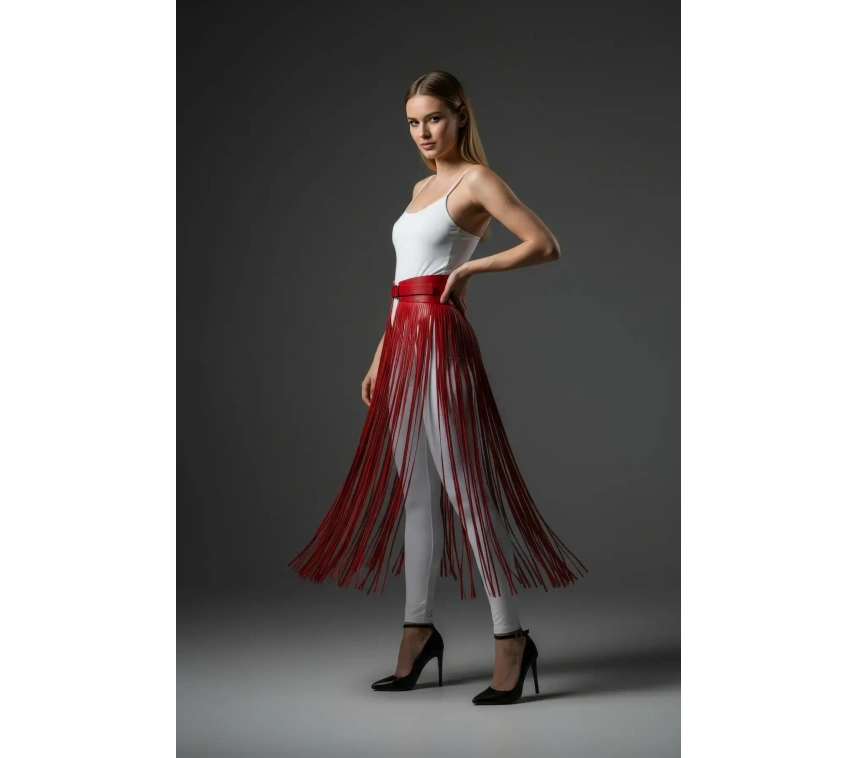 Kırmızı Etek Uzun Püskül Detaylı Etek Suni Deri Etek - Brf1003