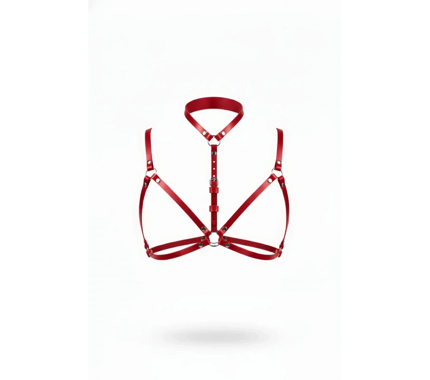 Kırmızı Göğüs Harness Deri Boyunluklu O Halka Detaylı - Brf197