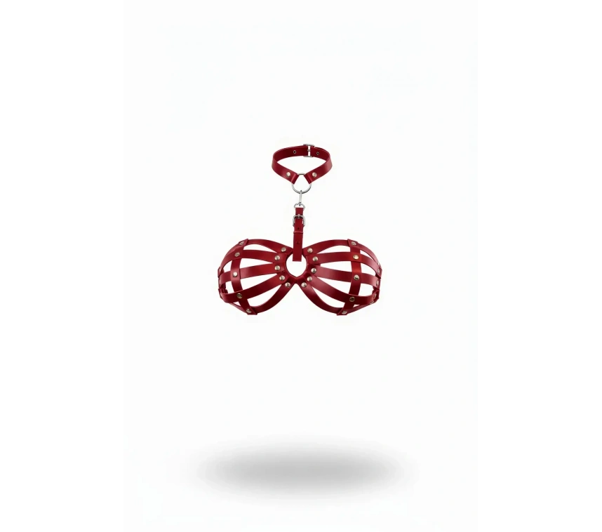 Kırmızı Göğüs Harness Deri Kafesli Zımba Detaylı Boyunluk - Brf224