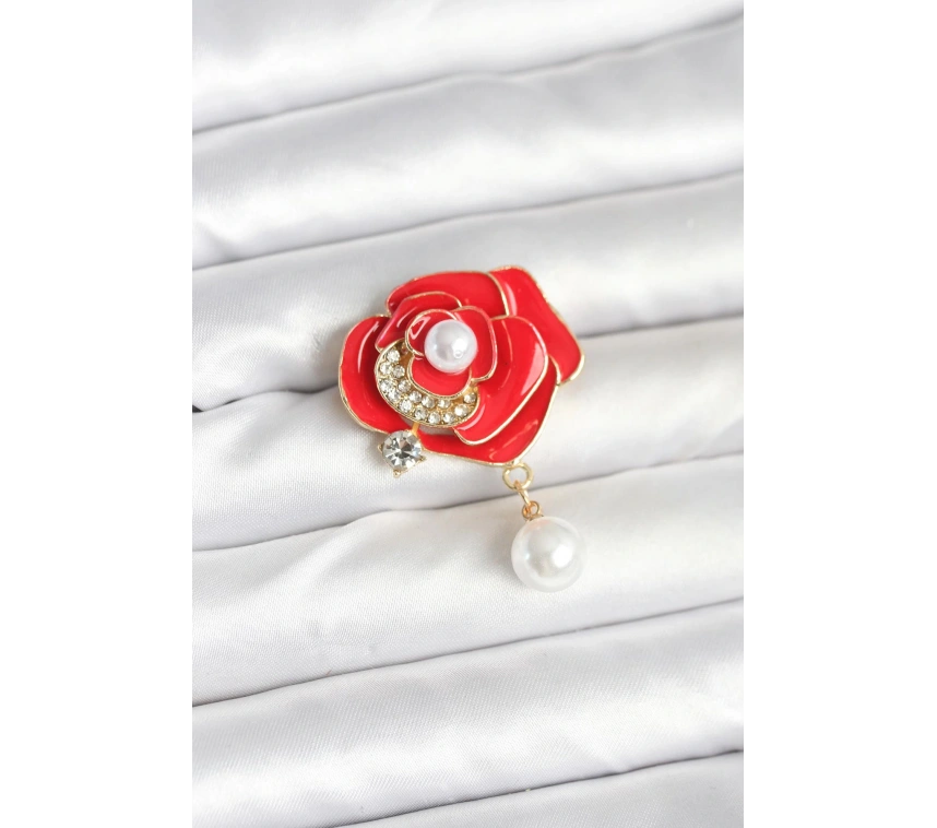 Kırmızı Gül İncili Model Broş