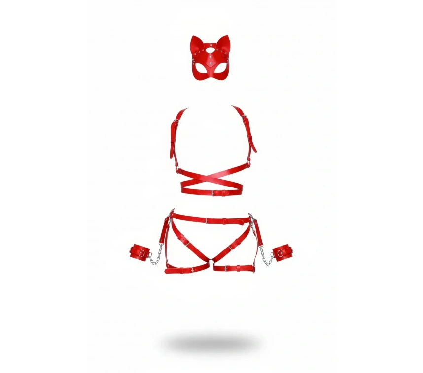 Kırmızı Harness Takım Deri Kedi Maskeli Zincir Detaylı - Brf1036