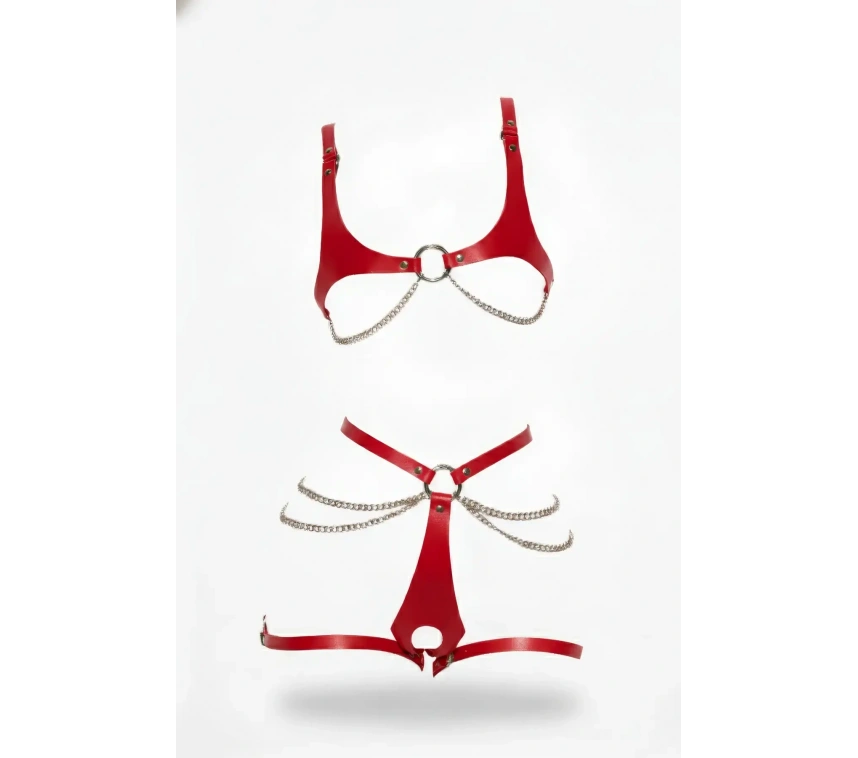 Kırmızı Harness Takım Deri Zincir Detaylı Vücut Aksesuarı - Brf1384