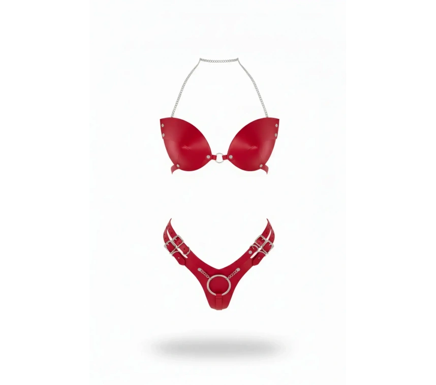 Kırmızı Harness Takım Parlak Deri Zincir Boyun Detaylı - Brf1223