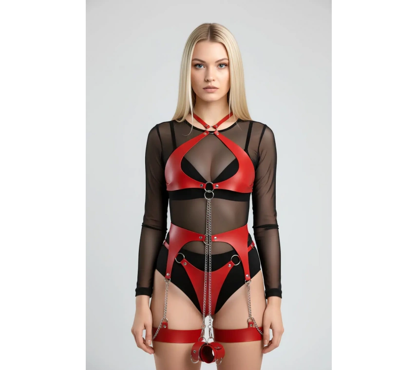 Kırmızı Harness Takım Suni Deri Zincir Detaylı Vücut Kemeri - Brf1219