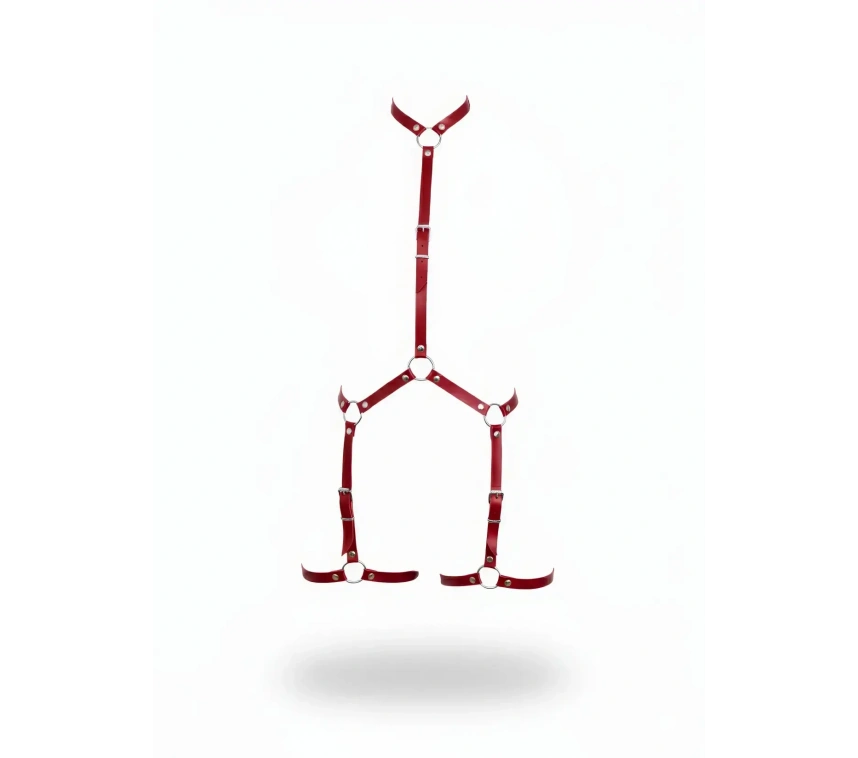 Kırmızı Kadın Body Harness Boyun Ve Bacak Detaylı Metal Halkalı - Brf234