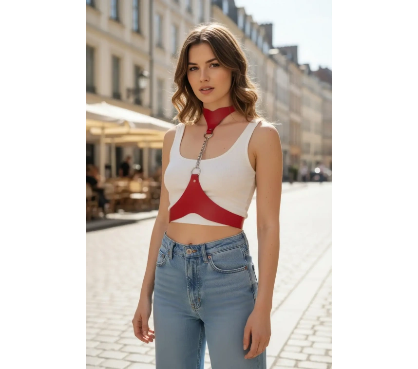 Kırmızı Kadın Kemer Deri Boyunluklu Zincir Detaylı - Brf1265