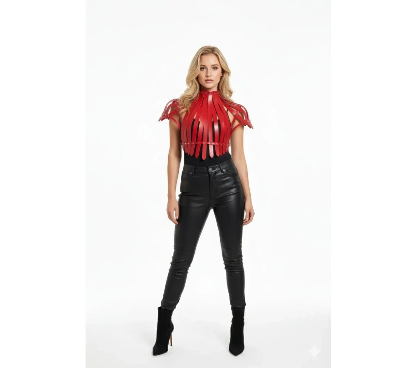 Kırmızı Kadın Kemer Deri Zımbalı Korse Detaylı - Brf1257