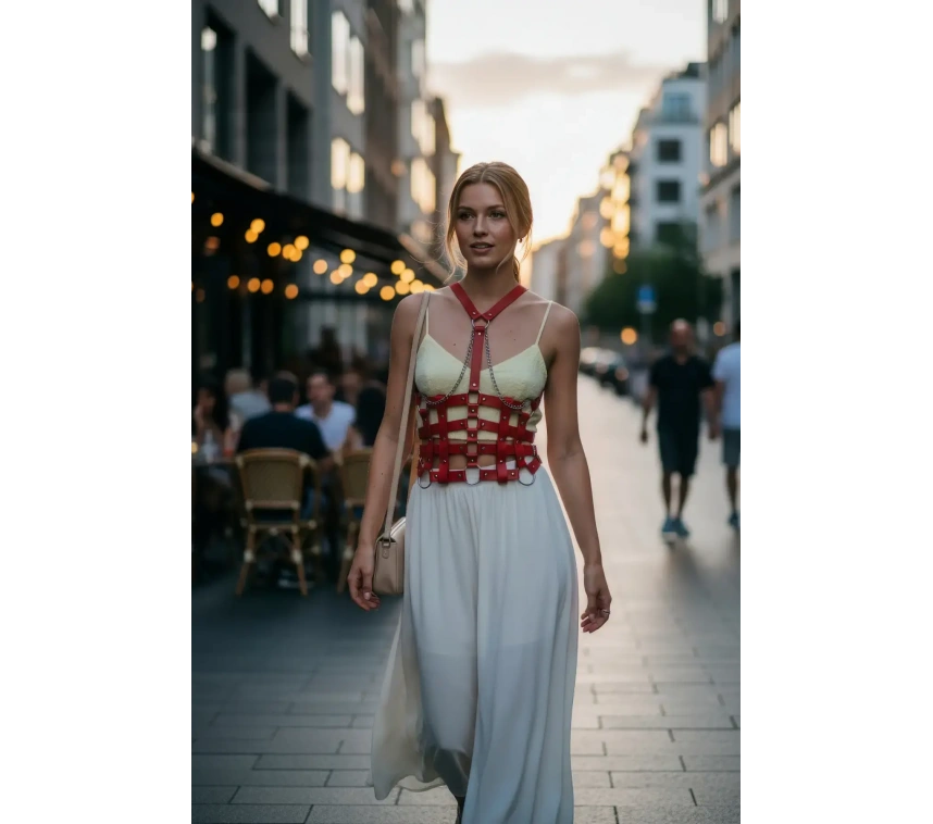 Kırmızı Kadın Kemer Korse Yapılı Zincir Detaylı - Brf1072