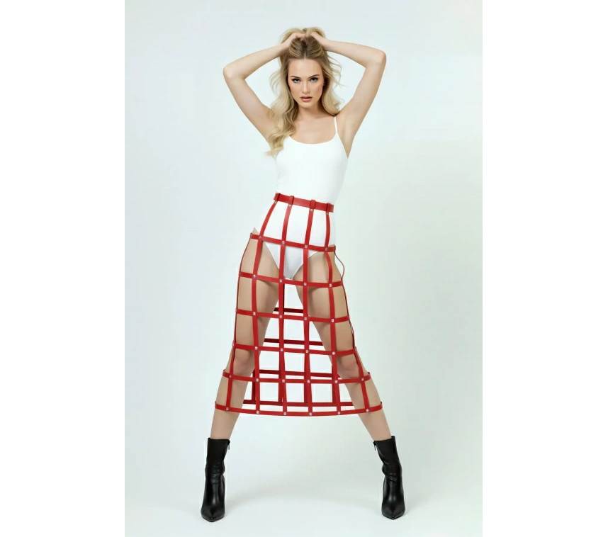 Kırmızı Kadın Kemer Uzun Kafes Detaylı Yüksek Bel - Brf1396