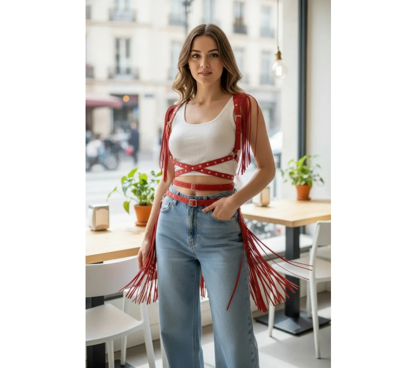 Kırmızı Kadın Kemer Zımbalı Omuz Detaylı Vücut Aksesuarı - Brf1005