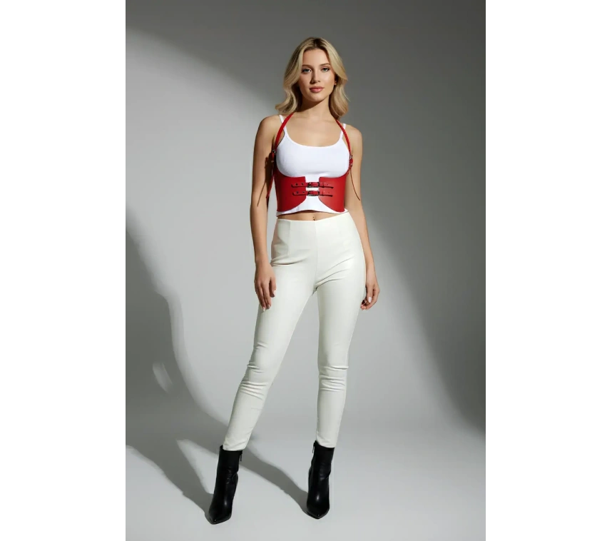 Kırmızı Renk Kalın Kadın Kemeri, Elbise Kemeri, Şık Deri Kemer, Deri Kemer Harness - Brf605