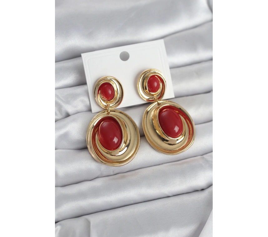 Kırmızı Sallantılı Damla Model Gold Renk Vintage Kadın Küpe