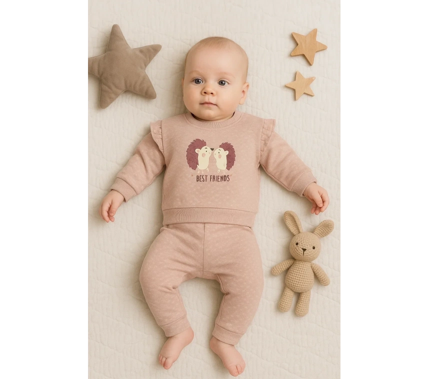 Kirpi Nakışlı % 100 Pamuk 2li Kız Bebek Takım