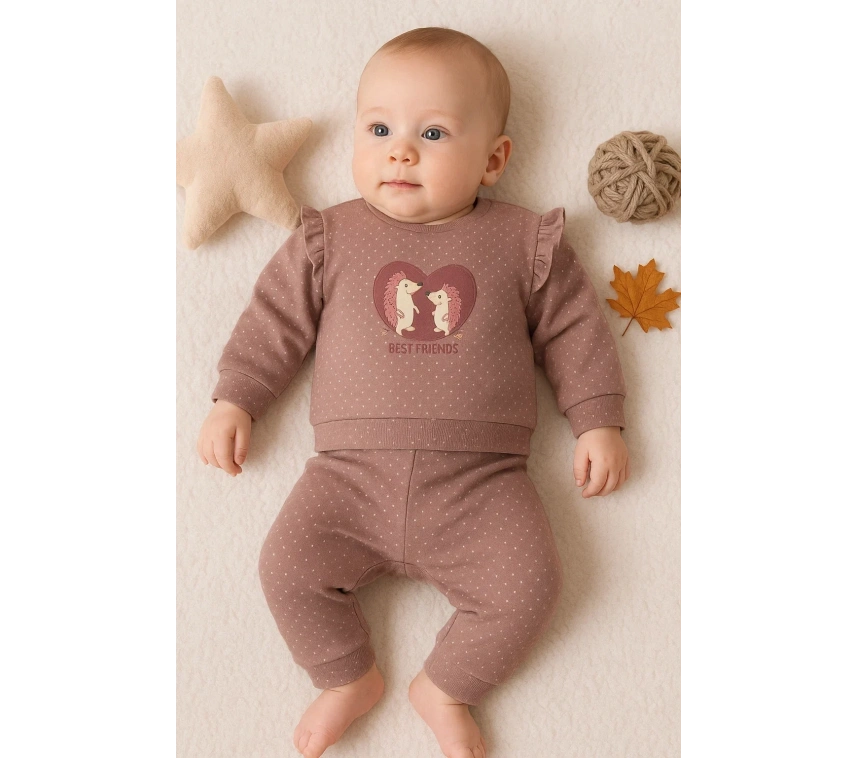 Kirpi Nakışlı % 100 Pamuk 2li Kız Bebek Takım